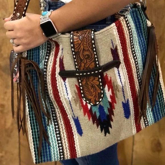 Southwestern Fringe Shoulder Bag in Multicolor Stripes - Picture 1 of 3